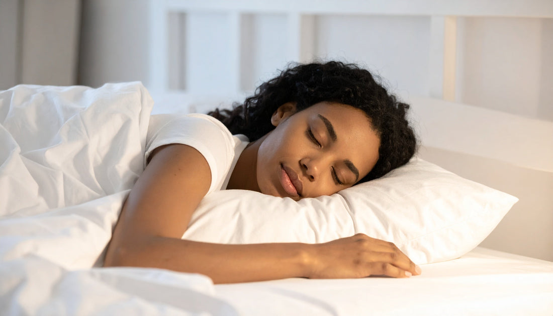 Woman resting peacefully illustrating how quality sleep supports healthy glowing skin