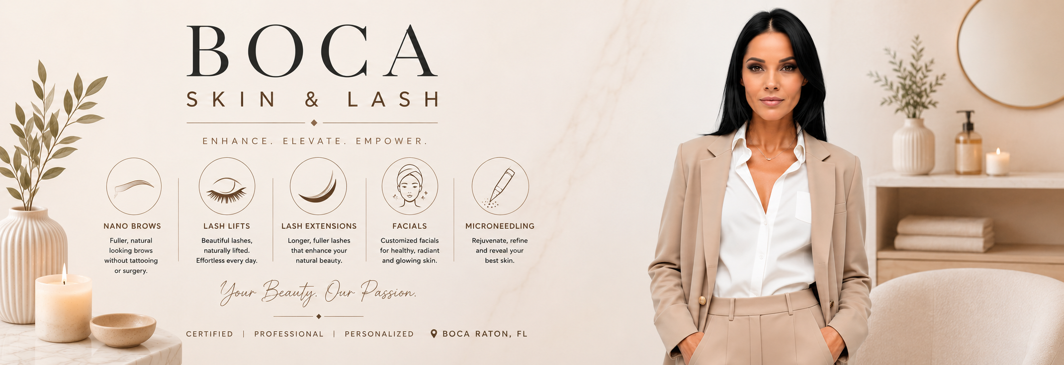 Boca Skin and Lash in Boca Raton offering Nano Brows, Lash Lifts, Lash Extensions, Facials, and Microneedling by Certified Esthetician Monique Martin.